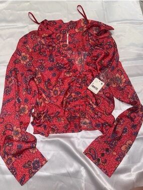 Free People Red Floral Ruffle Crop Blouse